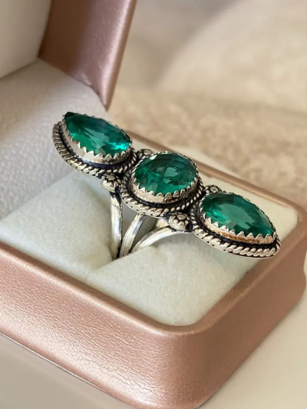 Green Quartz Three Stone Statement Ring 925 Silver Plated - Size 6.75